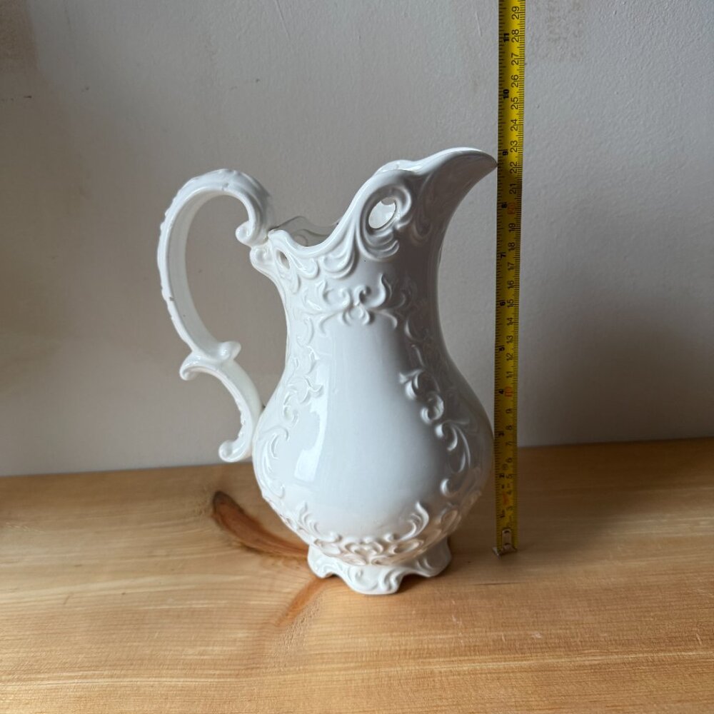 Vintage White Porcelain Pitcher | Ornate Embossed Floral | French Country - Picture 3 of 5